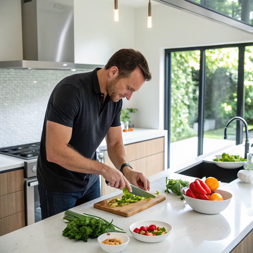 Brian preparing a healthy meal in his modern kitchen