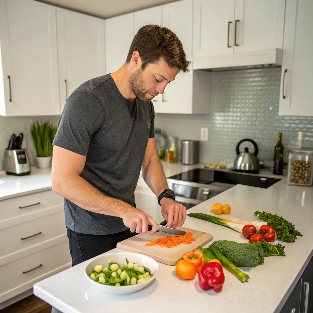 Daniel engaged in meal prepping in a well-organized kitchen