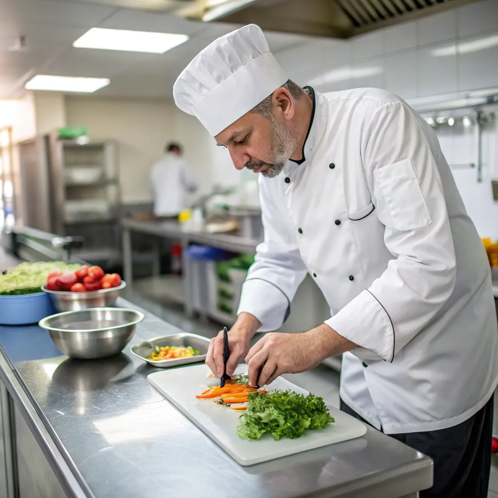 Chef demonstrating a healthy cooking technique in a professional kitchen