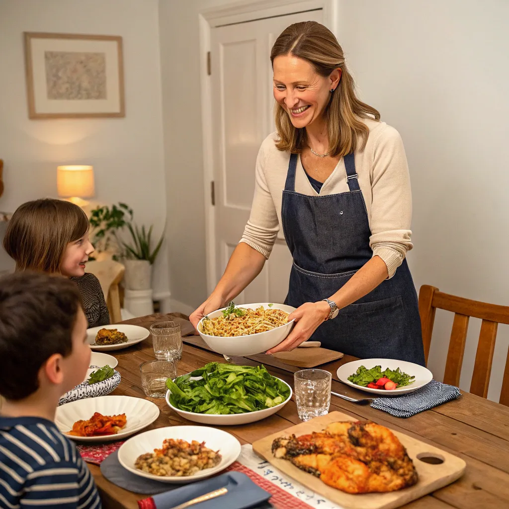 Lisa serving a healthy, family-style dinner at home